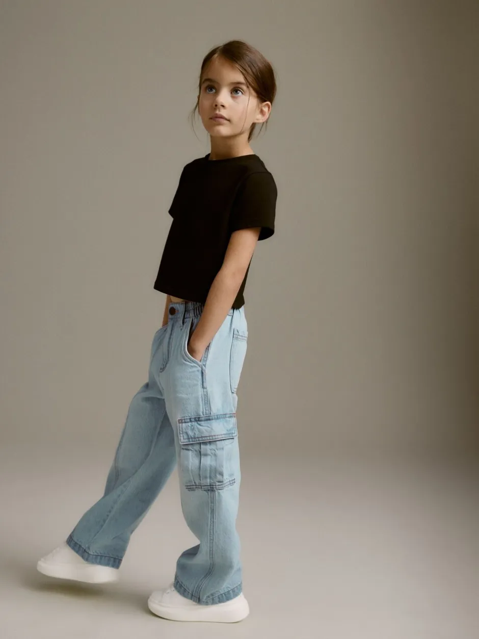 Jeans|Next - Cargojeans met wijde pijpen (3-16 jr) Lichtblauwe denim