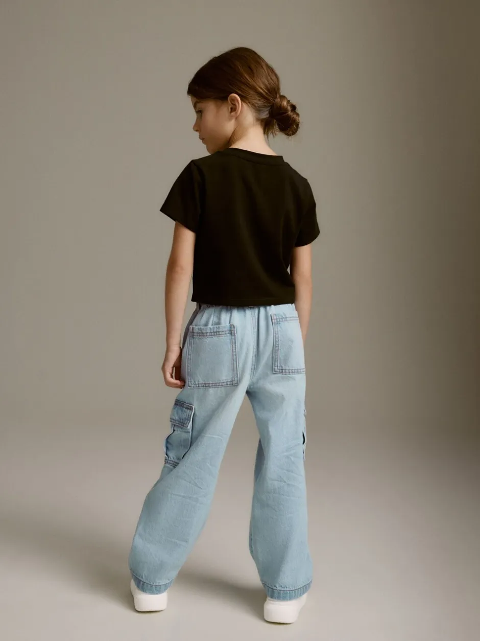 Jeans|Next - Cargojeans met wijde pijpen (3-16 jr) Lichtblauwe denim