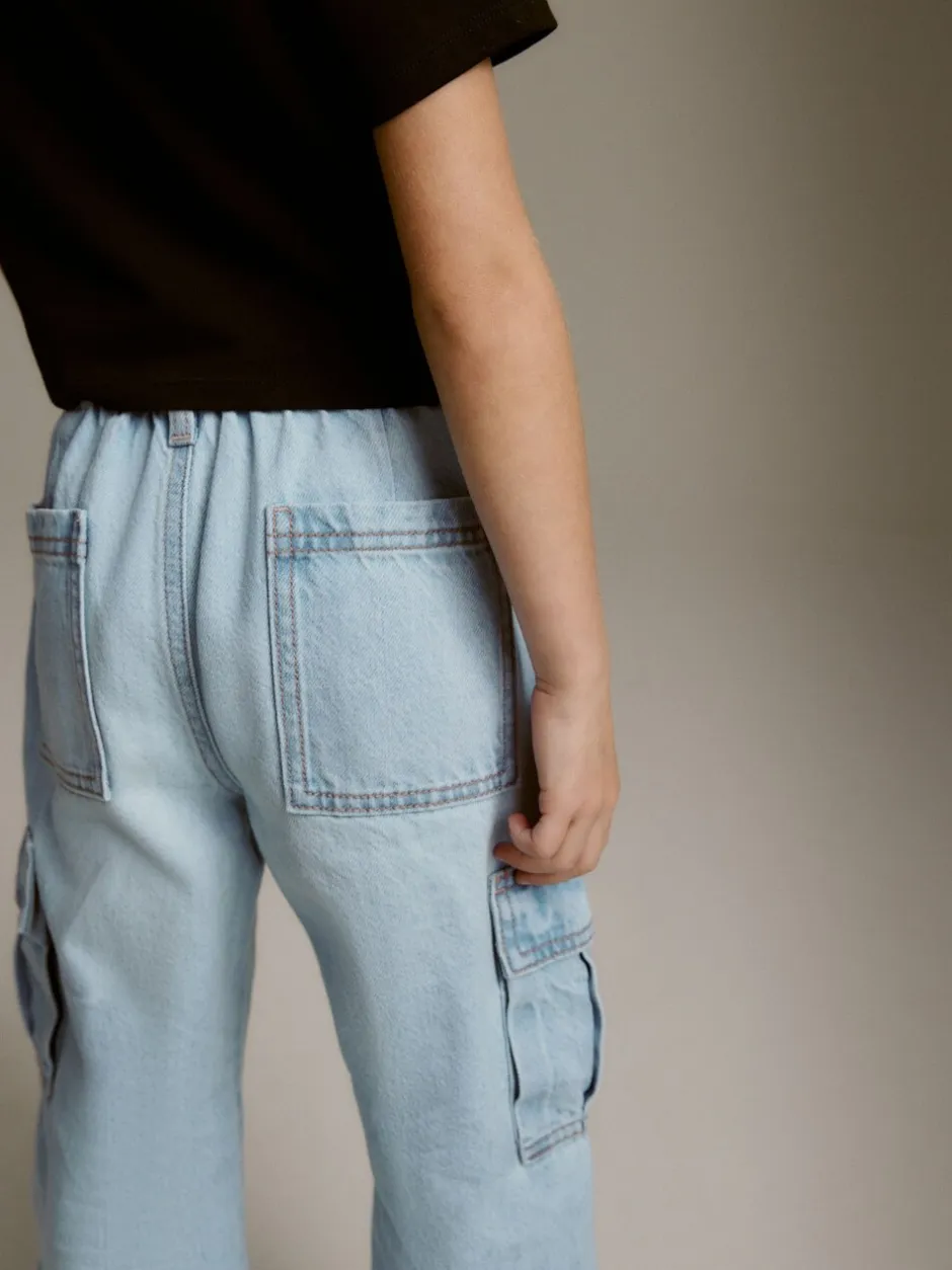 Jeans|Next - Cargojeans met wijde pijpen (3-16 jr) Lichtblauwe denim