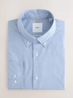 Formele Overhemden*Next - Cotton Rich Long Sleeve Formal Shirt Lichtblauwe gingham-ruit