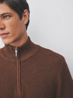 Gebreide Kleding|Next - Effen - Regular Fit Cotton Rich Textured Premium Quarter Zip Jumper Lichtbruin