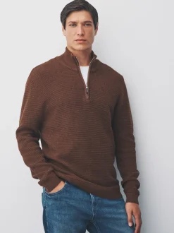 Gebreide Kleding|Next - Effen - Regular Fit Cotton Rich Textured Premium Quarter Zip Jumper Lichtbruin