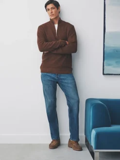 Gebreide Kleding|Next - Effen - Regular Fit Cotton Rich Textured Premium Quarter Zip Jumper Lichtbruin