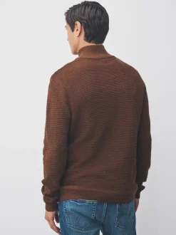 Gebreide Kleding|Next - Effen - Regular Fit Cotton Rich Textured Premium Quarter Zip Jumper Lichtbruin