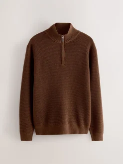 Gebreide Kleding|Next - Effen - Regular Fit Cotton Rich Textured Premium Quarter Zip Jumper Lichtbruin