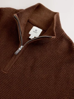 Gebreide Kleding|Next - Effen - Regular Fit Cotton Rich Textured Premium Quarter Zip Jumper Lichtbruin