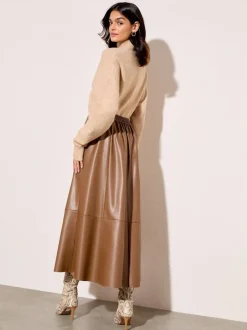 Rokken|Friends Like These - Faux Leather Midi Skirt Lichtbruin