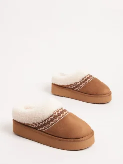 Pantoffels|Friends Like These - Faux Fur Cuff Embroidered Tape Nightwear Mule Slippers Lichtbruin