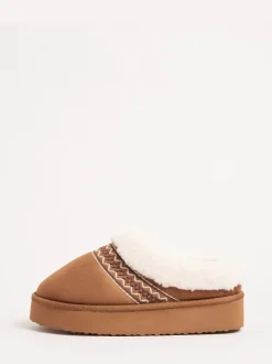 Pantoffels|Friends Like These - Faux Fur Cuff Embroidered Tape Nightwear Mule Slippers Lichtbruin