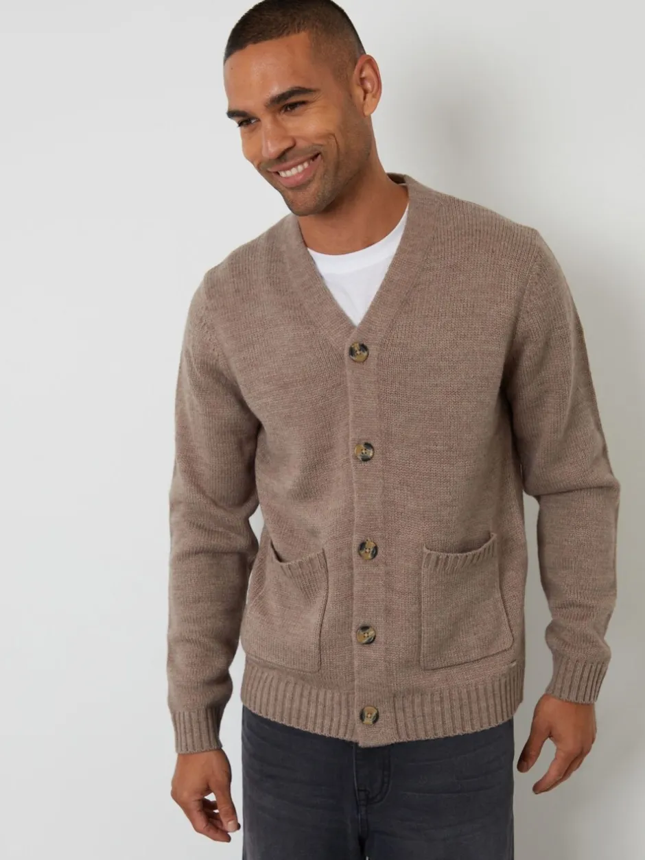Gebreide Kleding*Threadbare - Knitted V-Neck Cardigan Lichtbruin