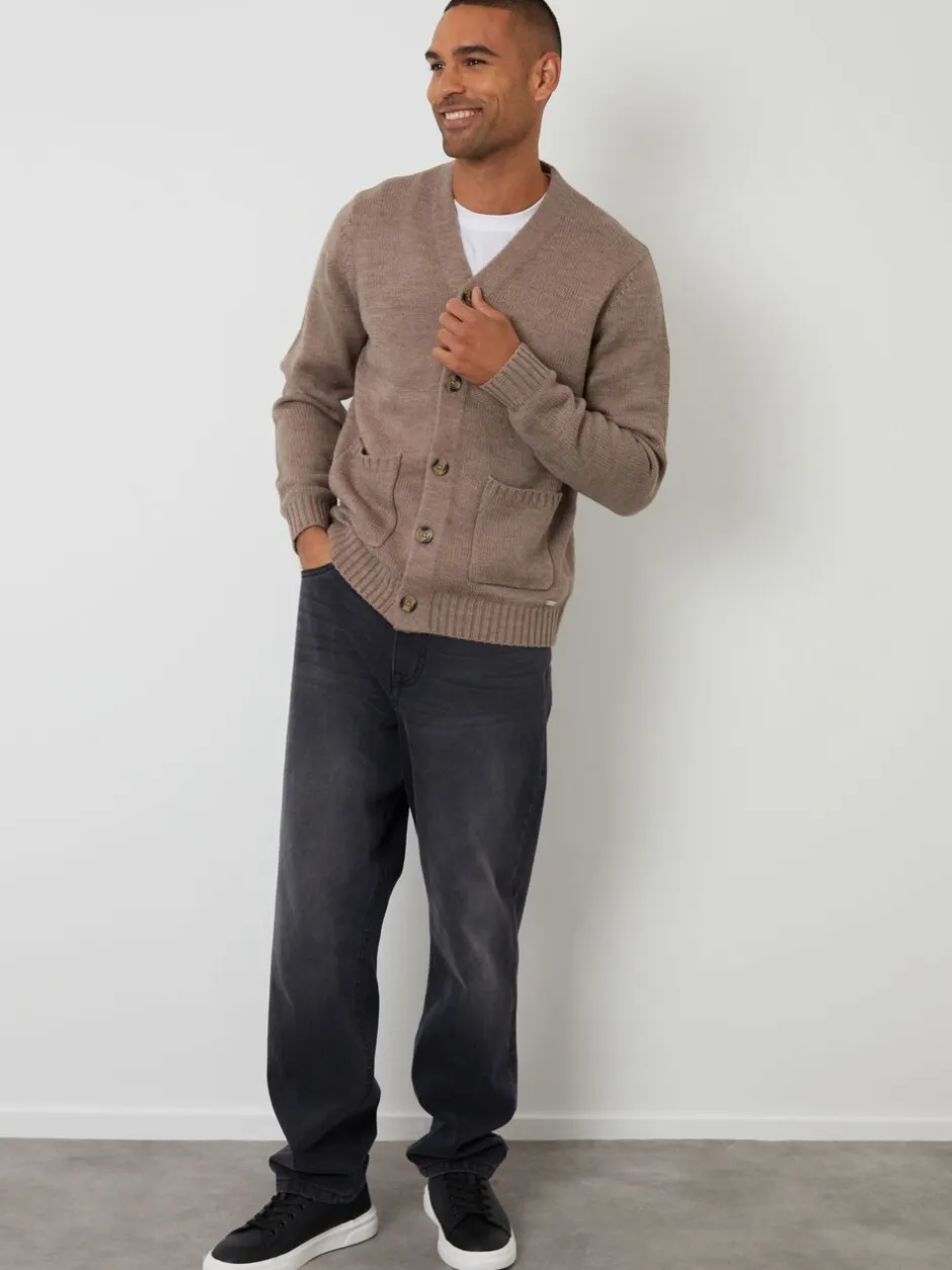 Gebreide Kleding*Threadbare - Knitted V-Neck Cardigan Lichtbruin