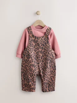 Tuinbroeken*Next - Baby Bodysuit met lange mouwen en bretelbroeken Set (0mnd-2jr) Lichtbruine luipaardprint
