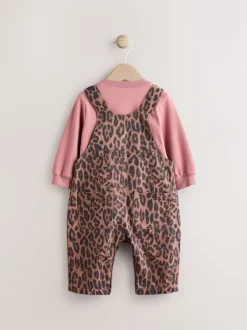 Tuinbroeken*Next - Baby Bodysuit met lange mouwen en bretelbroeken Set (0mnd-2jr) Lichtbruine luipaardprint