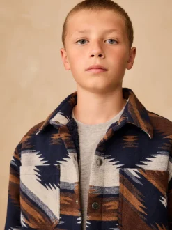 Jassen En Jacks|Shirts|Next - Gevoerde shacket (3-16jr) Lichtbruin/Marineblauw Ikat-patroon