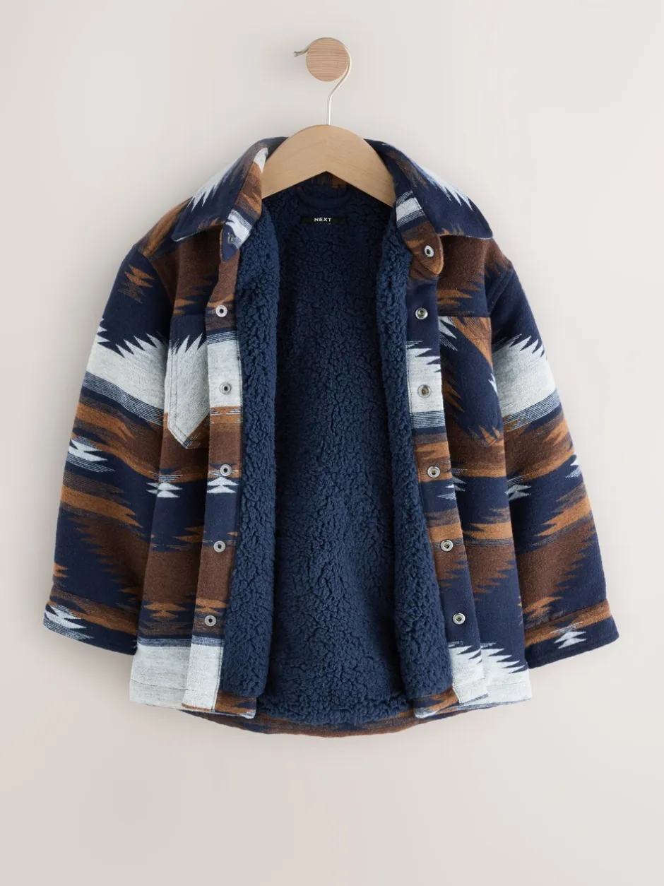 Jassen En Jacks|Shirts|Next - Gevoerde shacket (3-16jr) Lichtbruin/Marineblauw Ikat-patroon