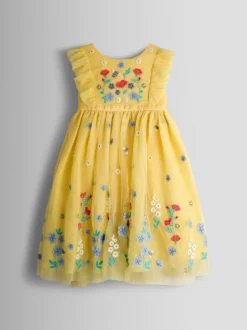 Jurken|Gelegenheidskleding|Jojo Maman Bébé - Appliqué Floral Tulle Party Dress Lichtgeel