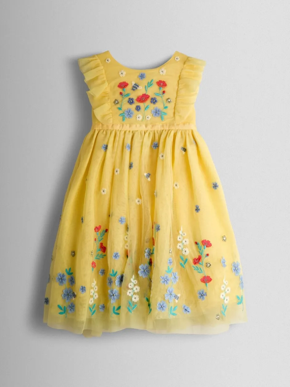 Jurken|Gelegenheidskleding|Jojo Maman Bébé - Appliqué Floral Tulle Party Dress Lichtgeel