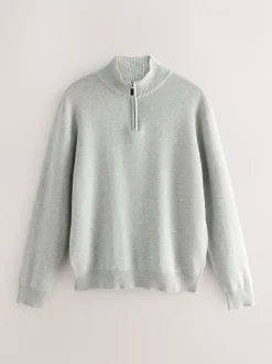 Gebreide Kleding|Next Lichtgrijs - Effen - Regular fit 100% katoenen premium trui met korte rits