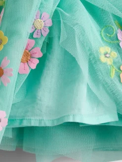 Gelegenheidskleding|Jurken|Jojo Maman Bébé - Appliqué Floral Tulle Party Dress Lichtgroen