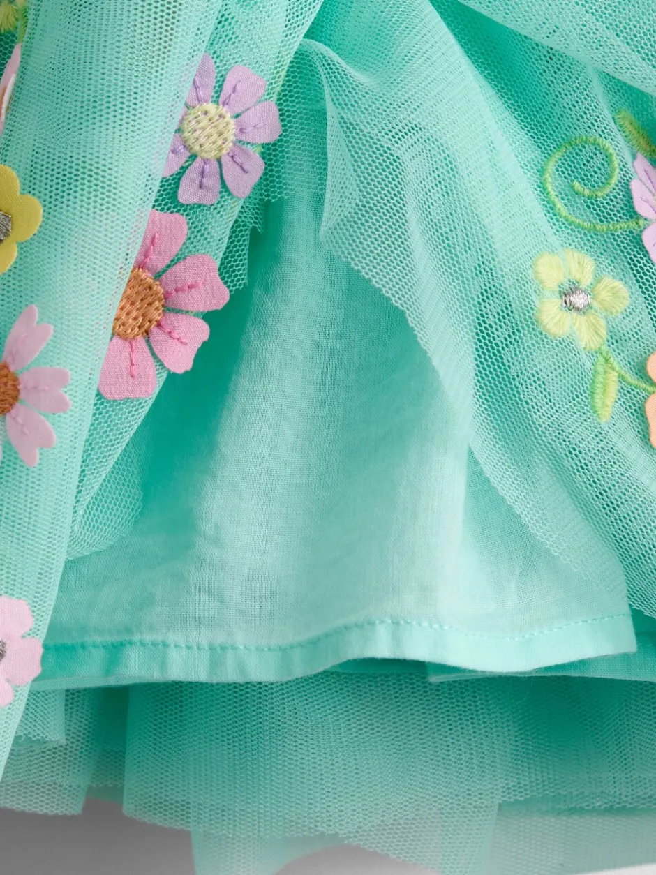 Gelegenheidskleding|Jurken|Jojo Maman Bébé - Appliqué Floral Tulle Party Dress Lichtgroen