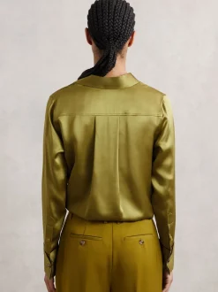 Blouses En Overhemden|Tops En T-Shirts|Reiss Lichtgroen - Ameira Silk-Satin Concealed-Placket Shirt