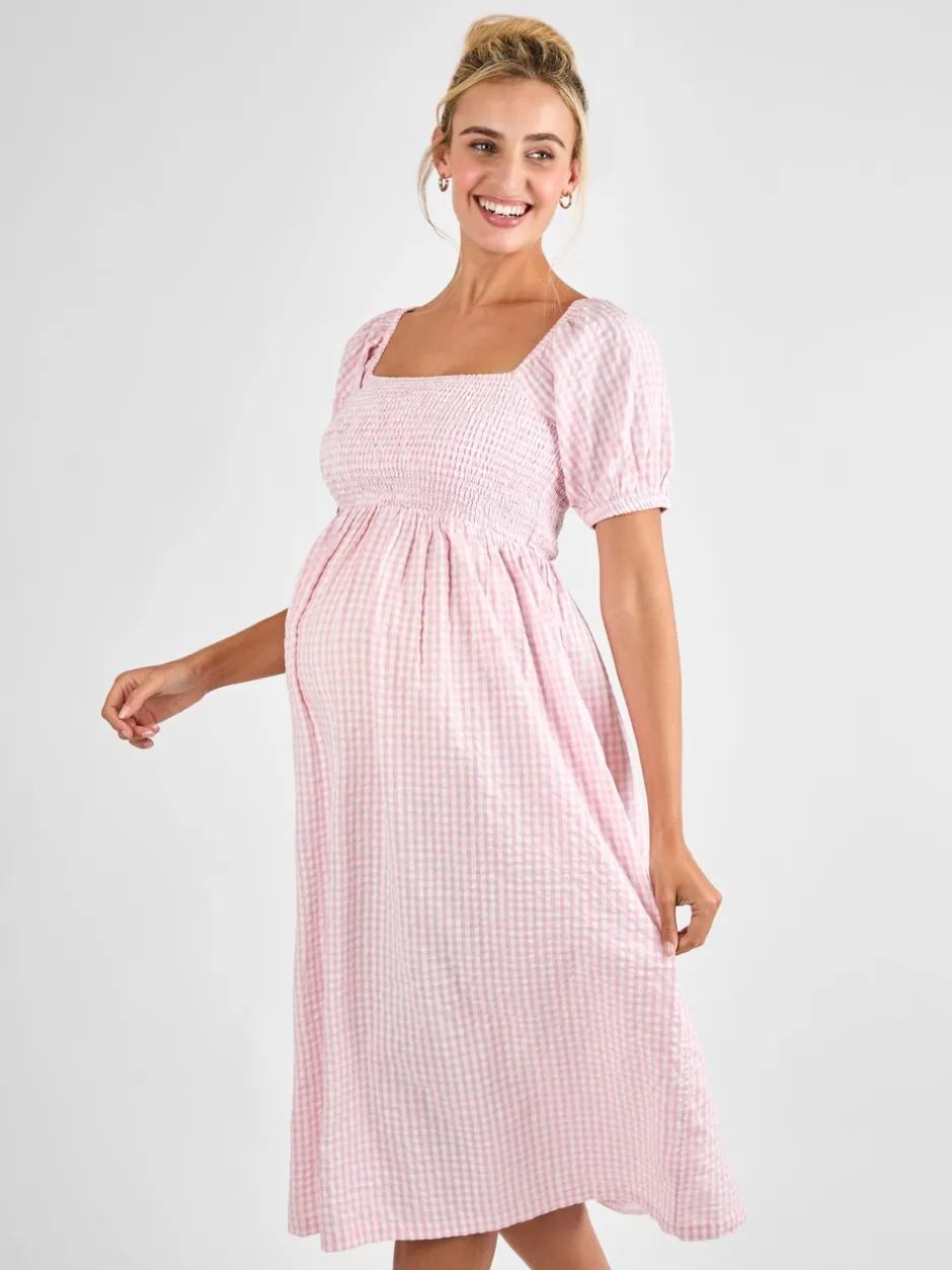 Jurken|Moederschap*Jojo Maman Bébé - gesmokte midi-zwangerschapsjurk met bloemenprint Lichtroze
