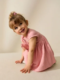 Jurken|Next - Textured Short Sleeve Dress (3mths-8yrs) Lichtroze