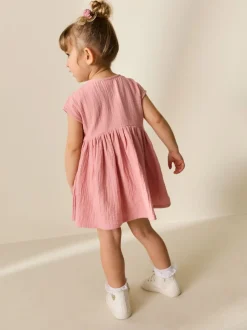 Jurken|Next - Textured Short Sleeve Dress (3mths-8yrs) Lichtroze