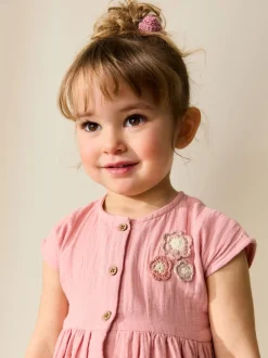 Jurken|Next - Textured Short Sleeve Dress (3mths-8yrs) Lichtroze