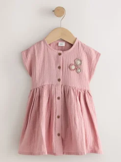 Jurken|Next - Textured Short Sleeve Dress (3mths-8yrs) Lichtroze