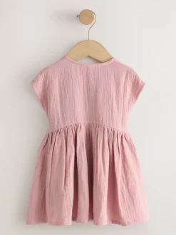 Jurken|Next - Textured Short Sleeve Dress (3mths-8yrs) Lichtroze