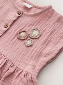 Jurken|Next - Textured Short Sleeve Dress (3mths-8yrs) Lichtroze
