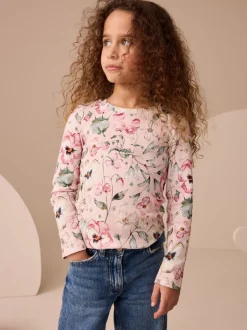 Tops|T-Shirts|Next Lichtroze met bloemenprint - Geribbelde top met lange mouwen (3-16 jr)