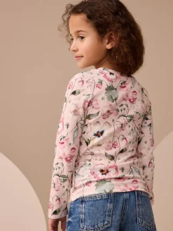 Tops|T-Shirts|Next Lichtroze met bloemenprint - Geribbelde top met lange mouwen (3-16 jr)