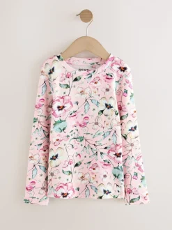Tops|T-Shirts|Next Lichtroze met bloemenprint - Geribbelde top met lange mouwen (3-16 jr)