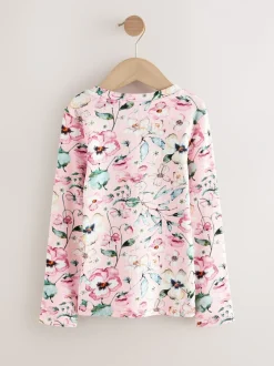 Tops|T-Shirts|Next Lichtroze met bloemenprint - Geribbelde top met lange mouwen (3-16 jr)