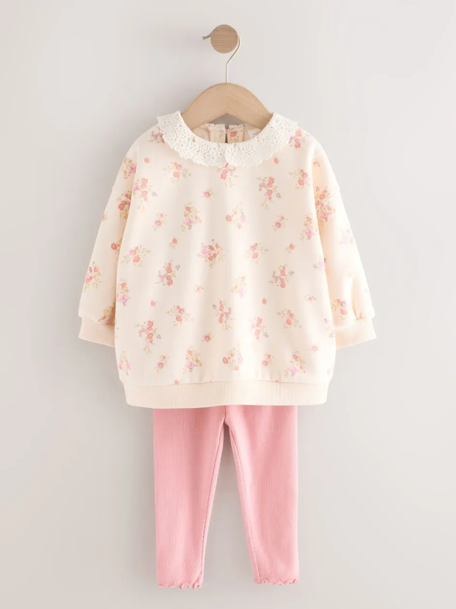 Sets En Outfits|Sweaters En Hoody´S|Next Lichtroze met fijne bloemenprint - Set van sweatshirt met kraag en legging (3mnd-7jr)