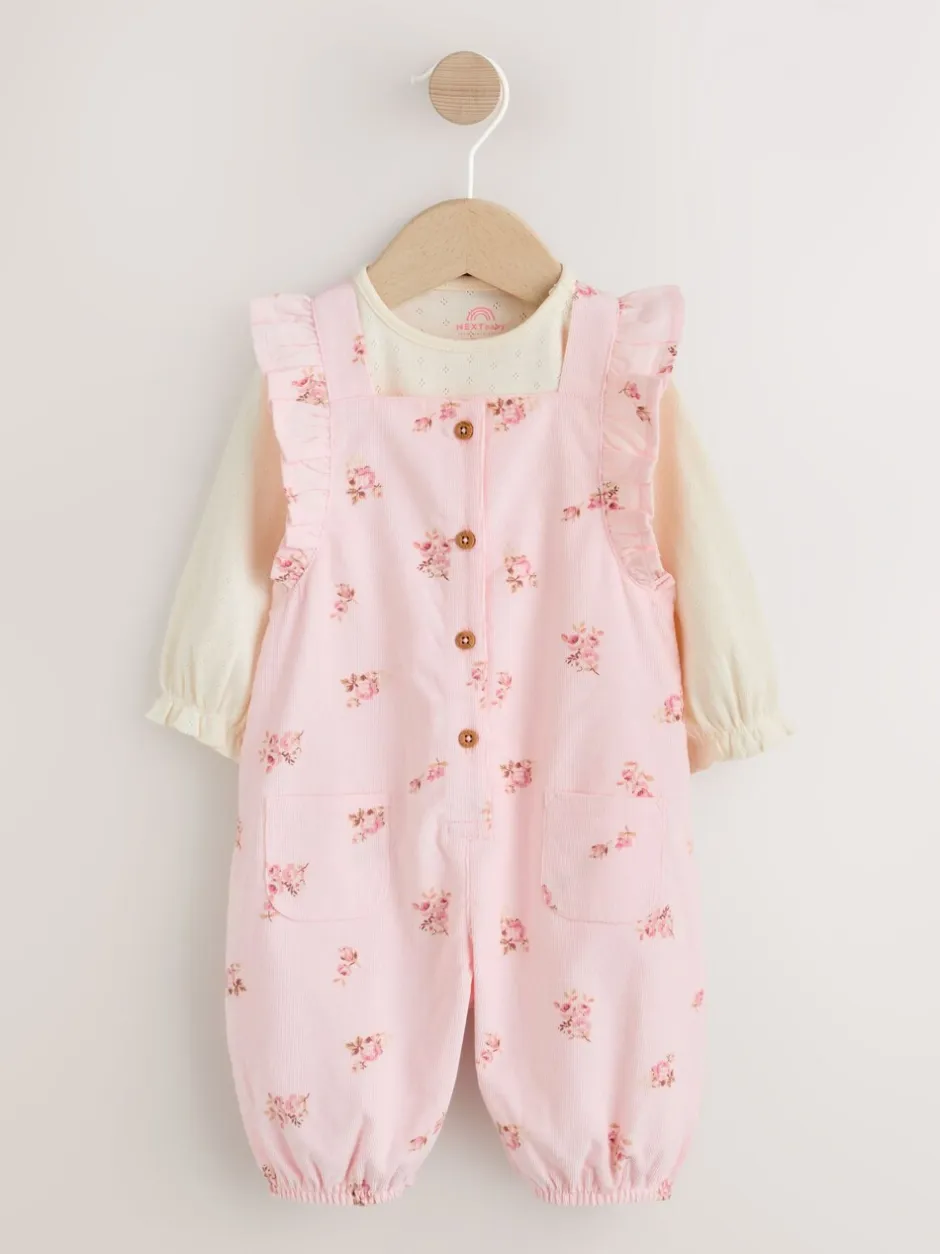 Rompertjes En Tuinbroeken|Tuinbroeken*Next - Baby Print Bodysuit met Lange mouwen en Corduroy bretelbroeken Set 2 Pieces (0mnd -2jr) Lichtroze met fijne print