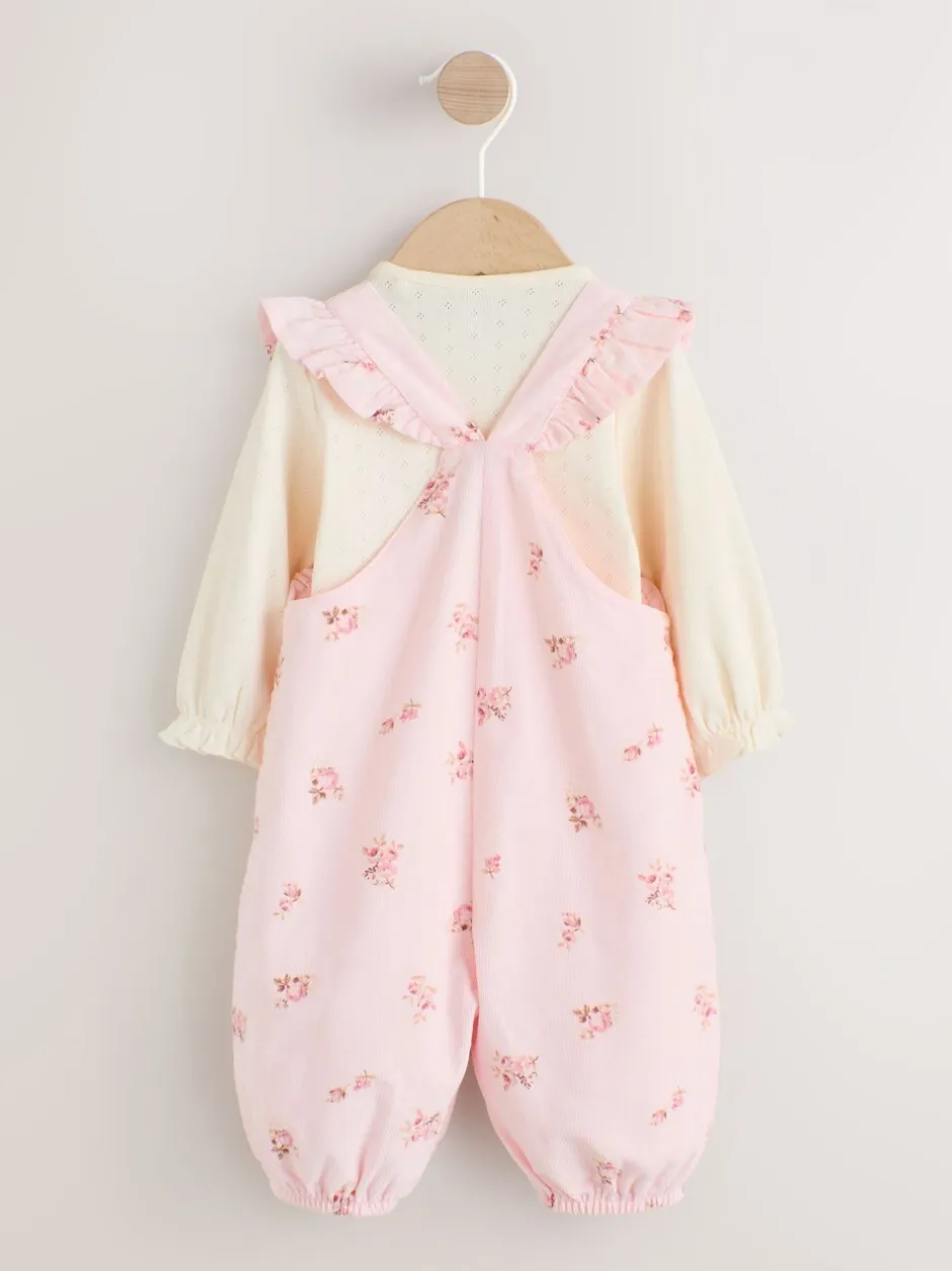 Rompertjes En Tuinbroeken|Tuinbroeken*Next - Baby Print Bodysuit met Lange mouwen en Corduroy bretelbroeken Set 2 Pieces (0mnd -2jr) Lichtroze met fijne print