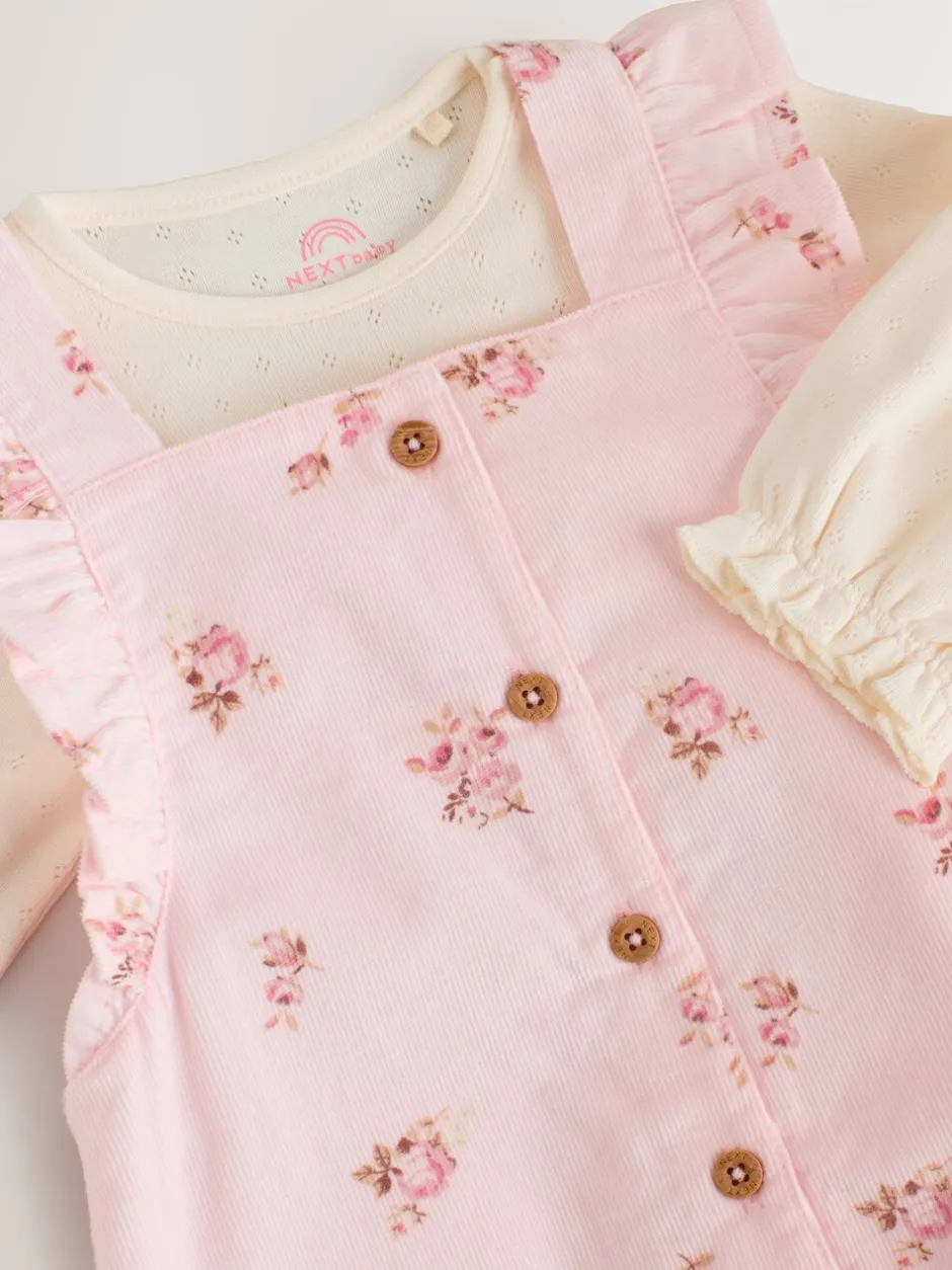 Rompertjes En Tuinbroeken|Tuinbroeken*Next - Baby Print Bodysuit met Lange mouwen en Corduroy bretelbroeken Set 2 Pieces (0mnd -2jr) Lichtroze met fijne print
