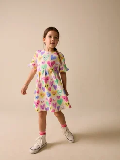 Jurken|Next - Jersey jurk met korte mouwen (3-16 jr) Light Yellow Heart Print
