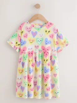 Jurken|Next - Jersey jurk met korte mouwen (3-16 jr) Light Yellow Heart Print
