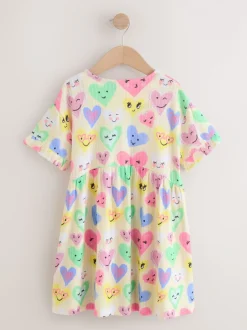 Jurken|Next - Jersey jurk met korte mouwen (3-16 jr) Light Yellow Heart Print