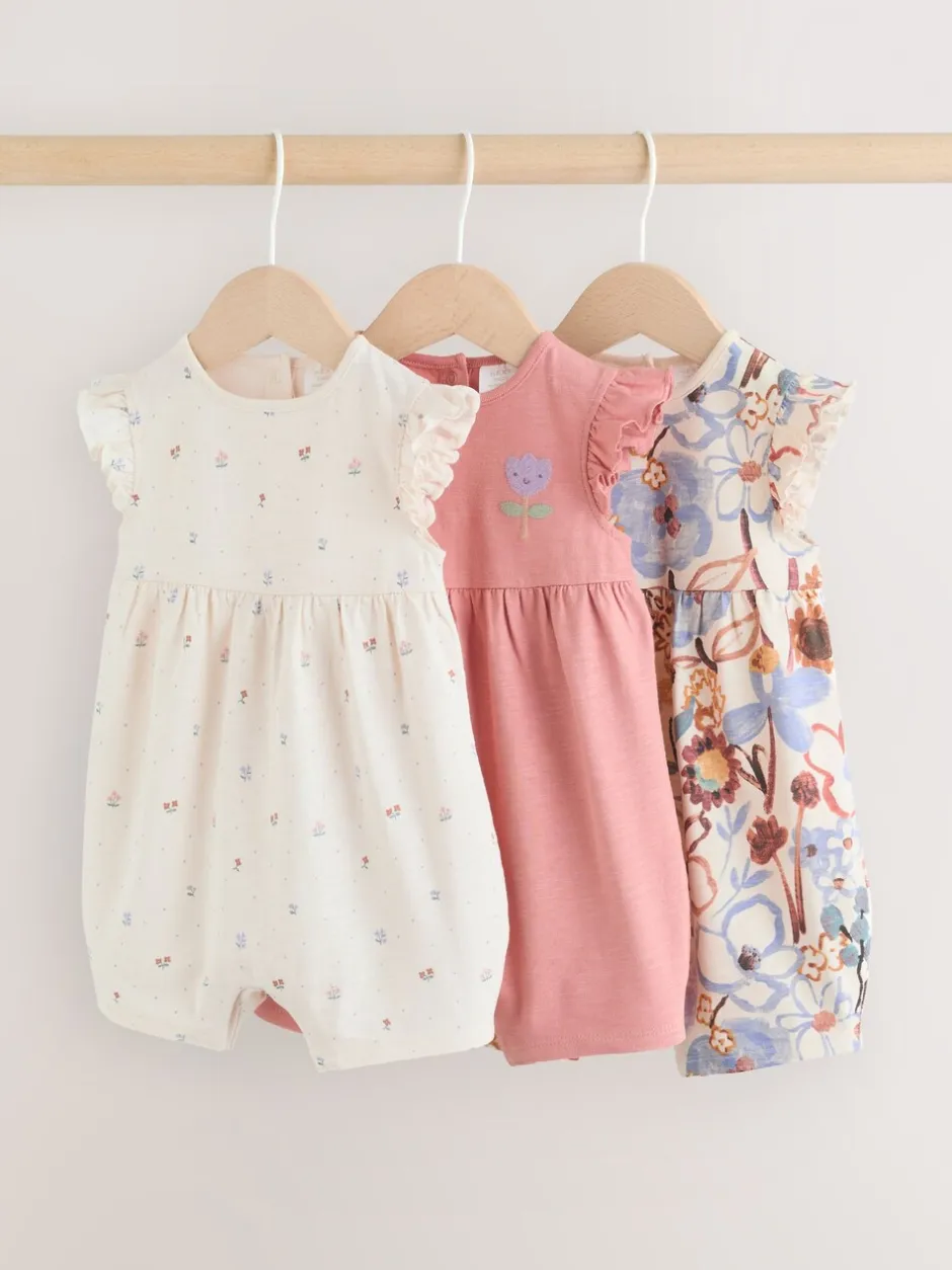 Rompertjes En Tuinbroeken|Babypakjes En Babypyjama's|Next - 3 Rompertjes Lilac and Ecru Floral Frill Shoulder