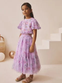 Shorts En Rokken|Next Lila-paars - Floral Embellished Top and Skirt Lehenga Set (3-16yrs)