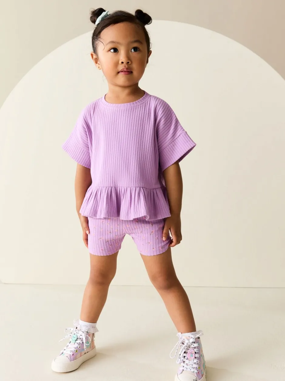 Tops|Sets En Outfits*Next Lila-paars - Set van geribbelde top met korte mouwen en shorts (3 mnd - 7 jr)