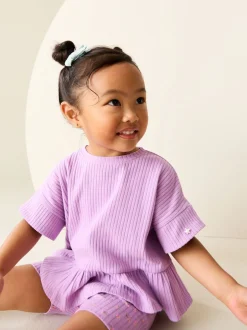Tops|Sets En Outfits*Next Lila-paars - Set van geribbelde top met korte mouwen en shorts (3 mnd - 7 jr)