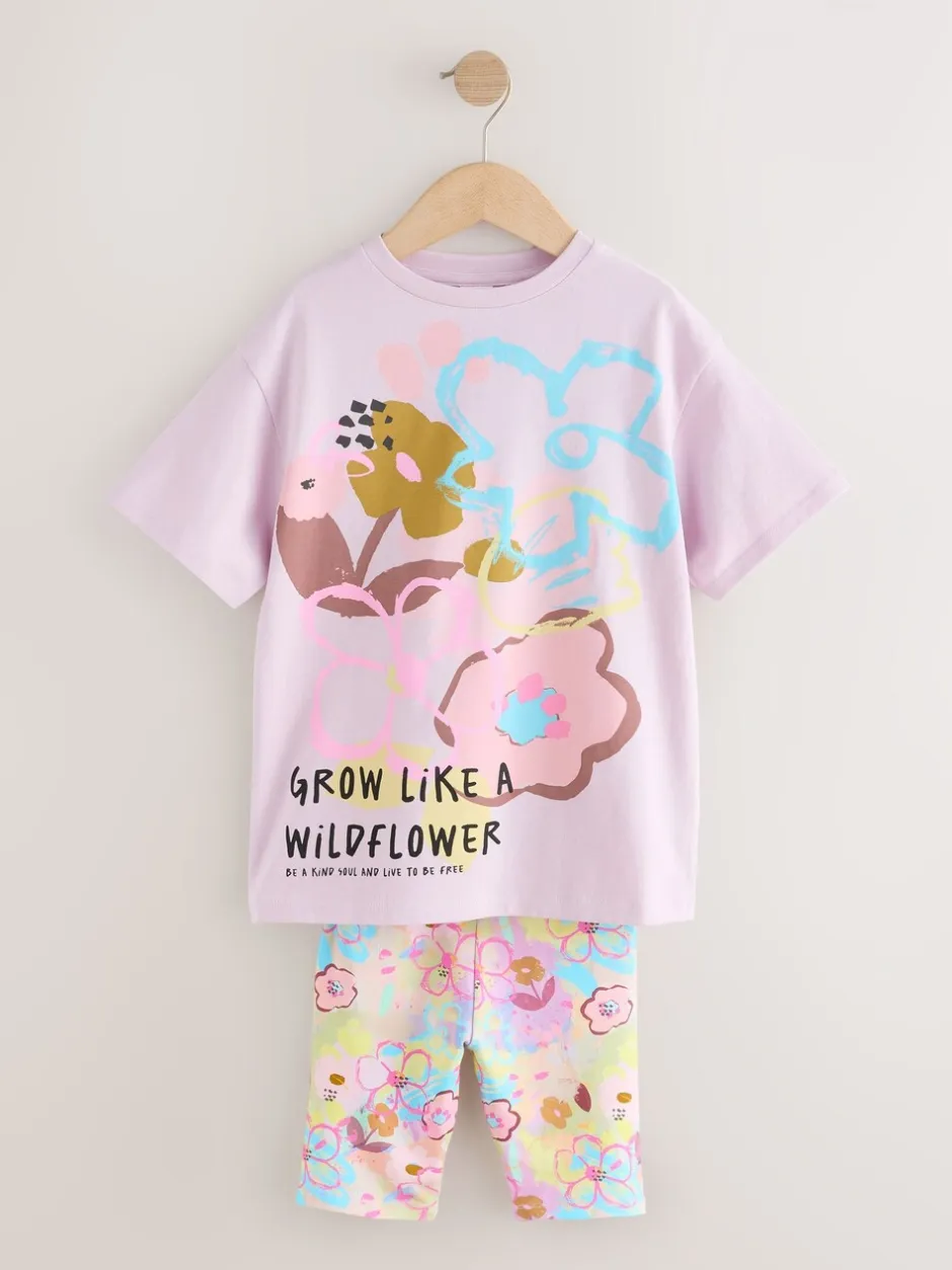 Shorts En Rokken|Next - T-Shirt and Cycle Shorts Set (3-16yrs) Lila-paars gebloemd