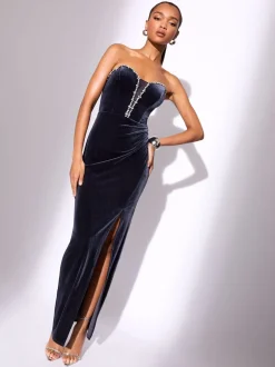 Gelegenheidskleding*Lipsy - Fluwelen bandeau-maxi-jurk met kristallen versierde rand