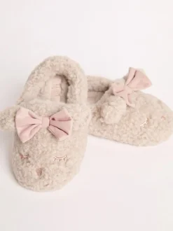 Pantoffels*Lipsy - Imitatiebont pantoffelmuiltjes met teddybeer, strik en gesloten neus